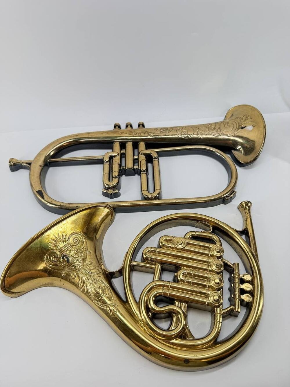 Vintage 1973 Syroco Gold Plastic Trumpet French Horn Wall Decor Set USA